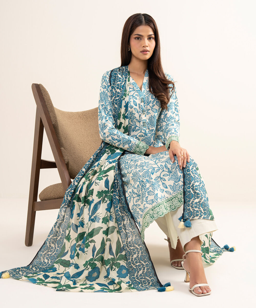 Women's Unstitched Lawn Printed Blue 3 Piece Suit