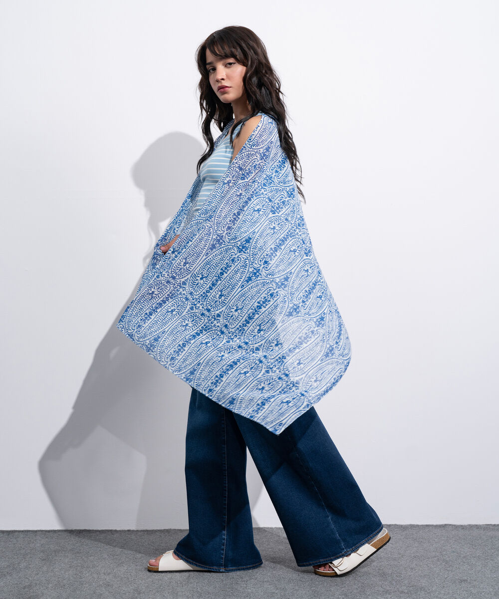 Women's Western White And Blue Printed Rectangular Scarf