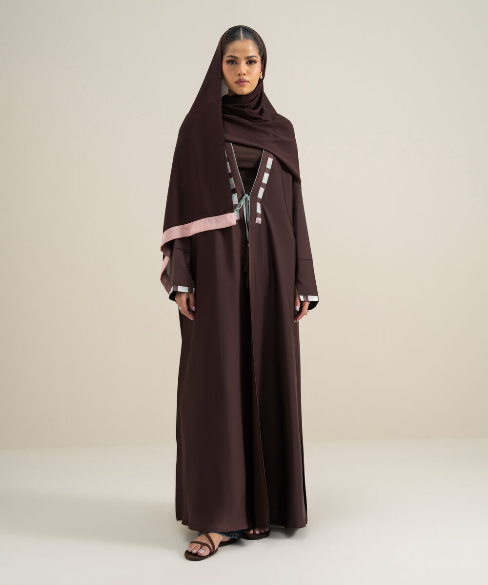 Women's Polyester Brown Embroidered Kimono Abbaya Set