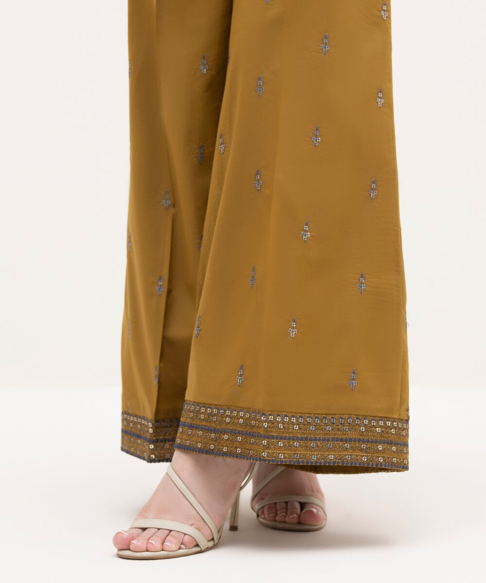 Women's RTW Cambric Mustard Embroidered Flared Pants