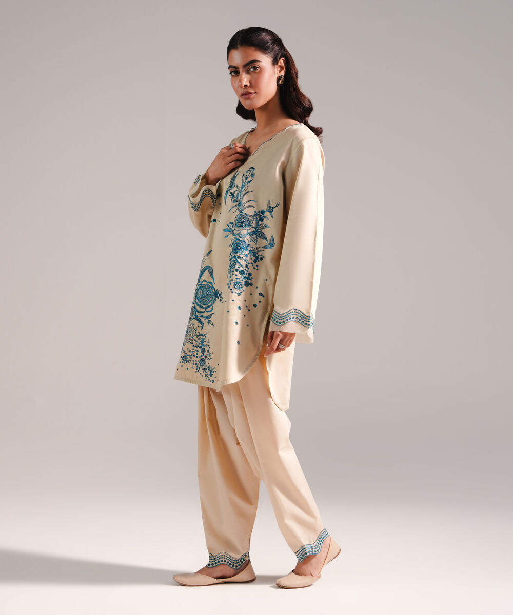 Women's RTW Cotton Satin Embroidered Beige Straight Shirt