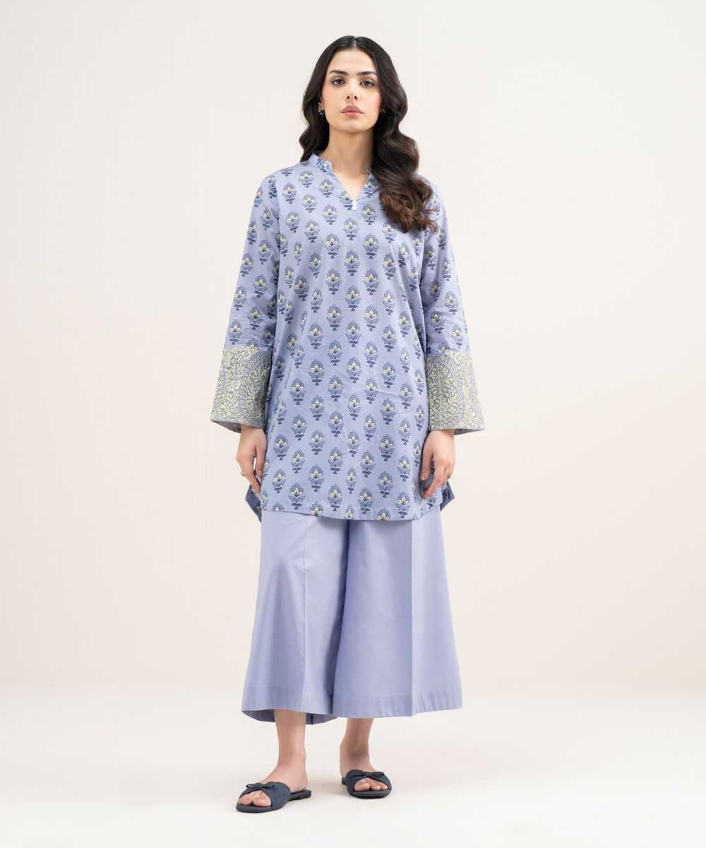 Women's RTW Lawn Embroidered Blue Straight Shirt