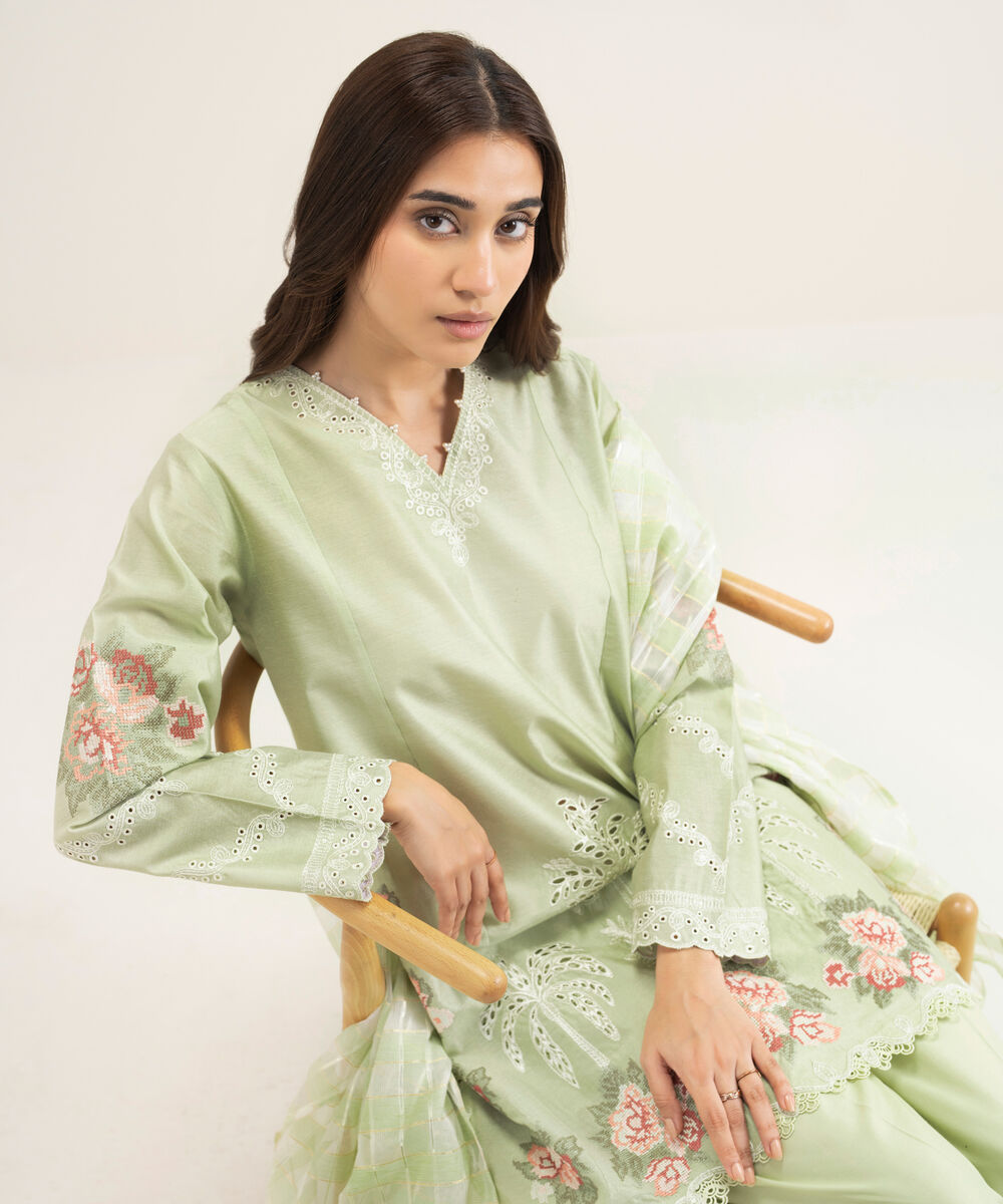 Women's RTW Silk Cotton Net Embroidered Mint Green 3 Piece Suit