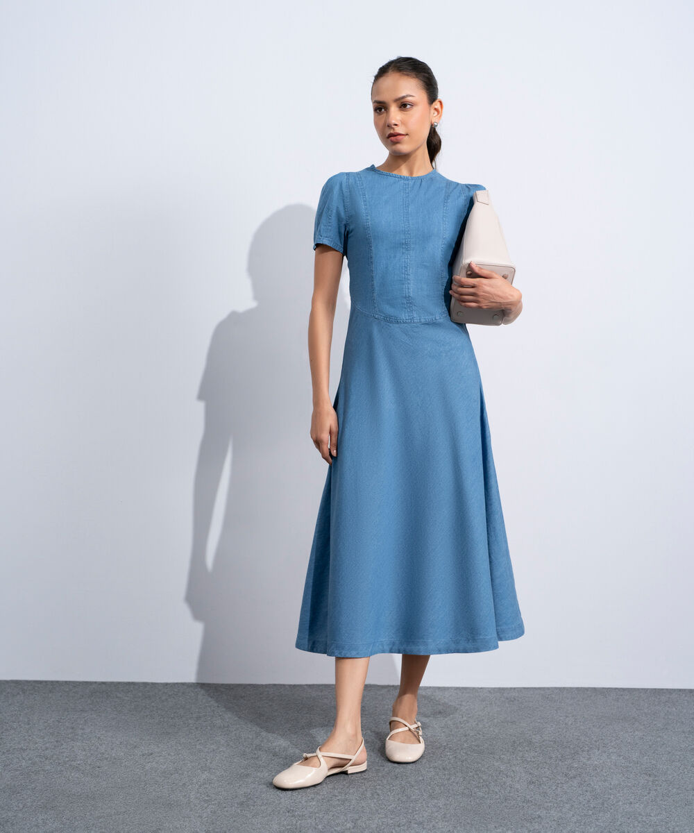 Women's Western Mid Blue Wash Puff Sleeve Denim Dress