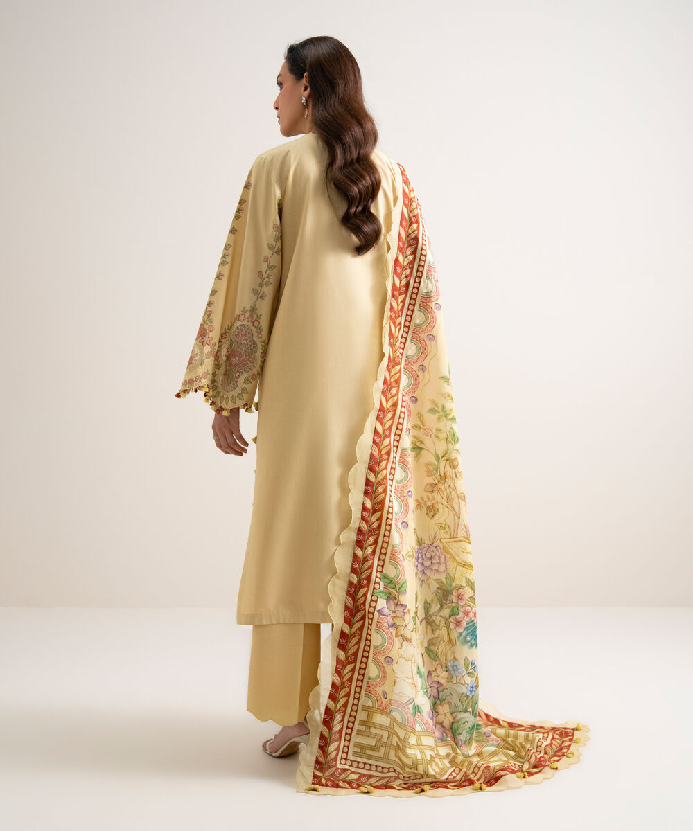 Women's Unstitched Lawn Embroidered Yellow  3 Piece Suit