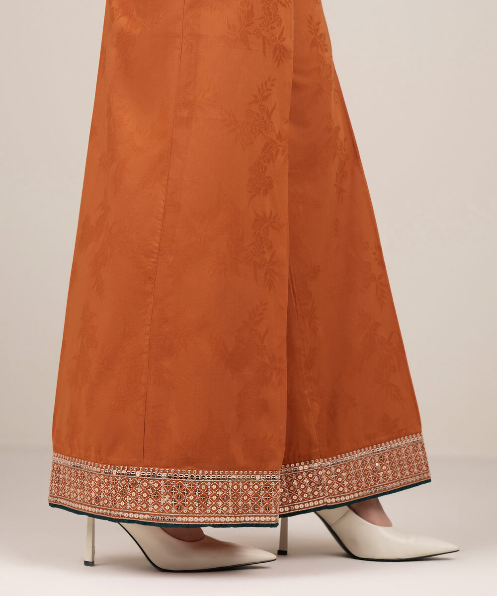 Women's RTW Self Jacquard Leno Embroidered Orange Flared Pants