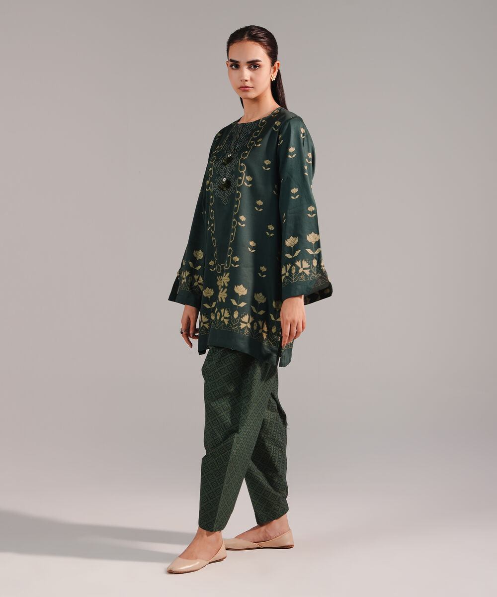 Women's RTW Cotton Satin Printed Dark Green Straight Shirt