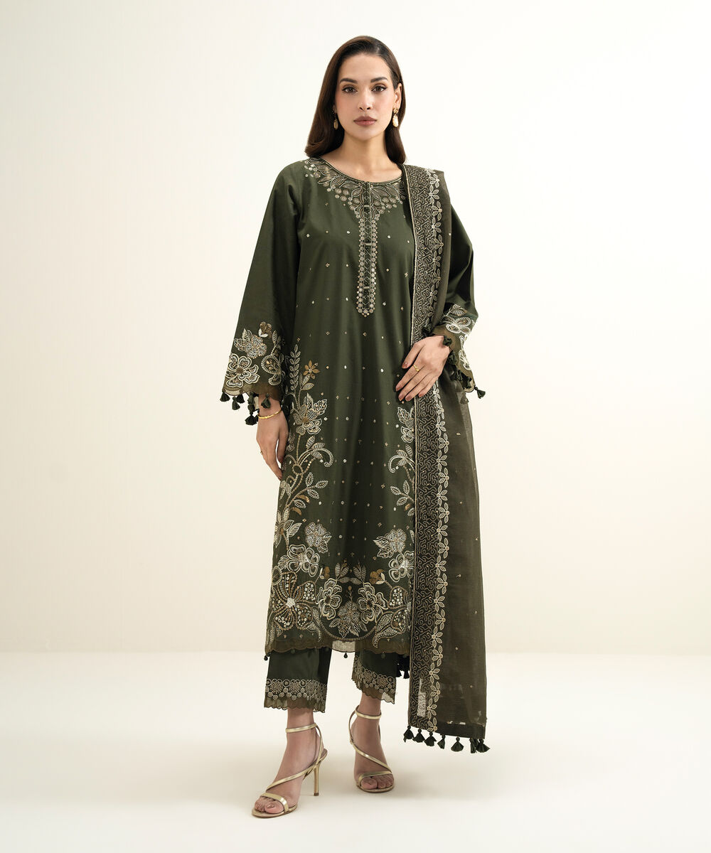 Women's Unstitched Lawn Embroidered Green 3 Piece Suit