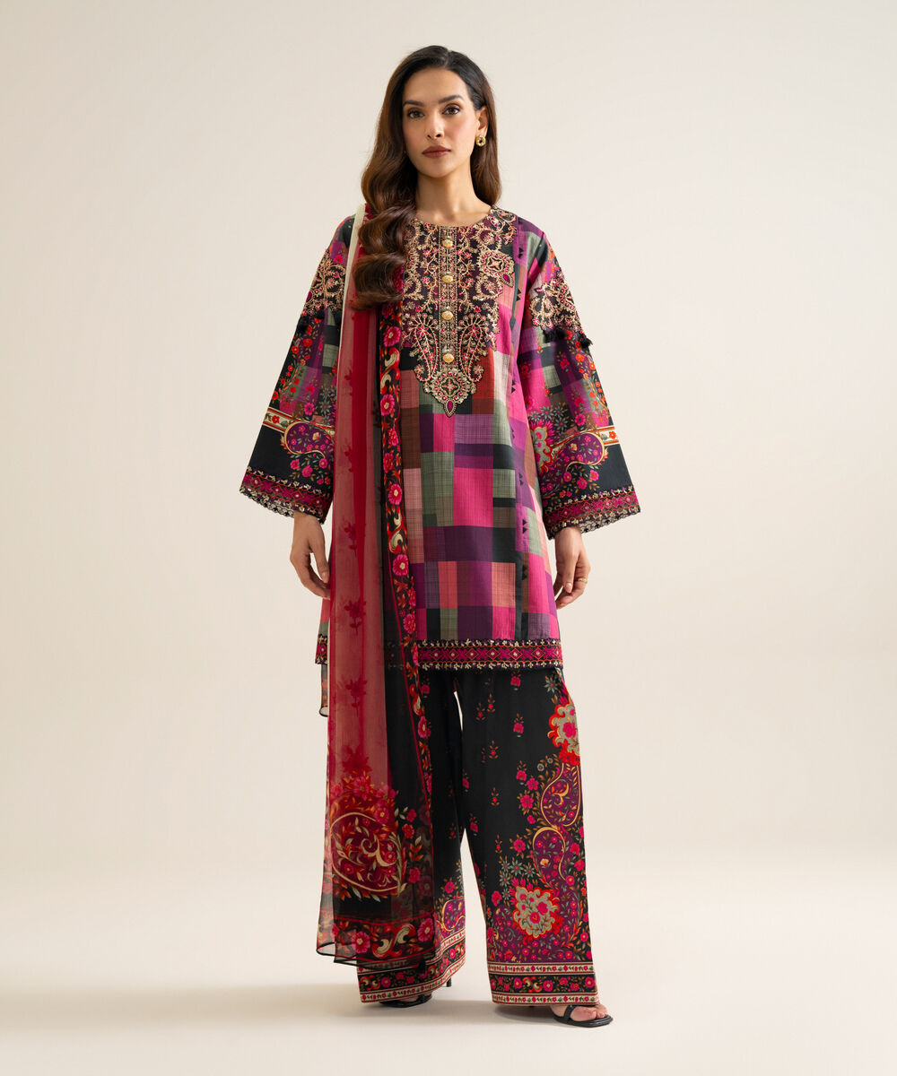 Women's Unstitched Blended Chiffon Printed Plum 3 Piece Suit