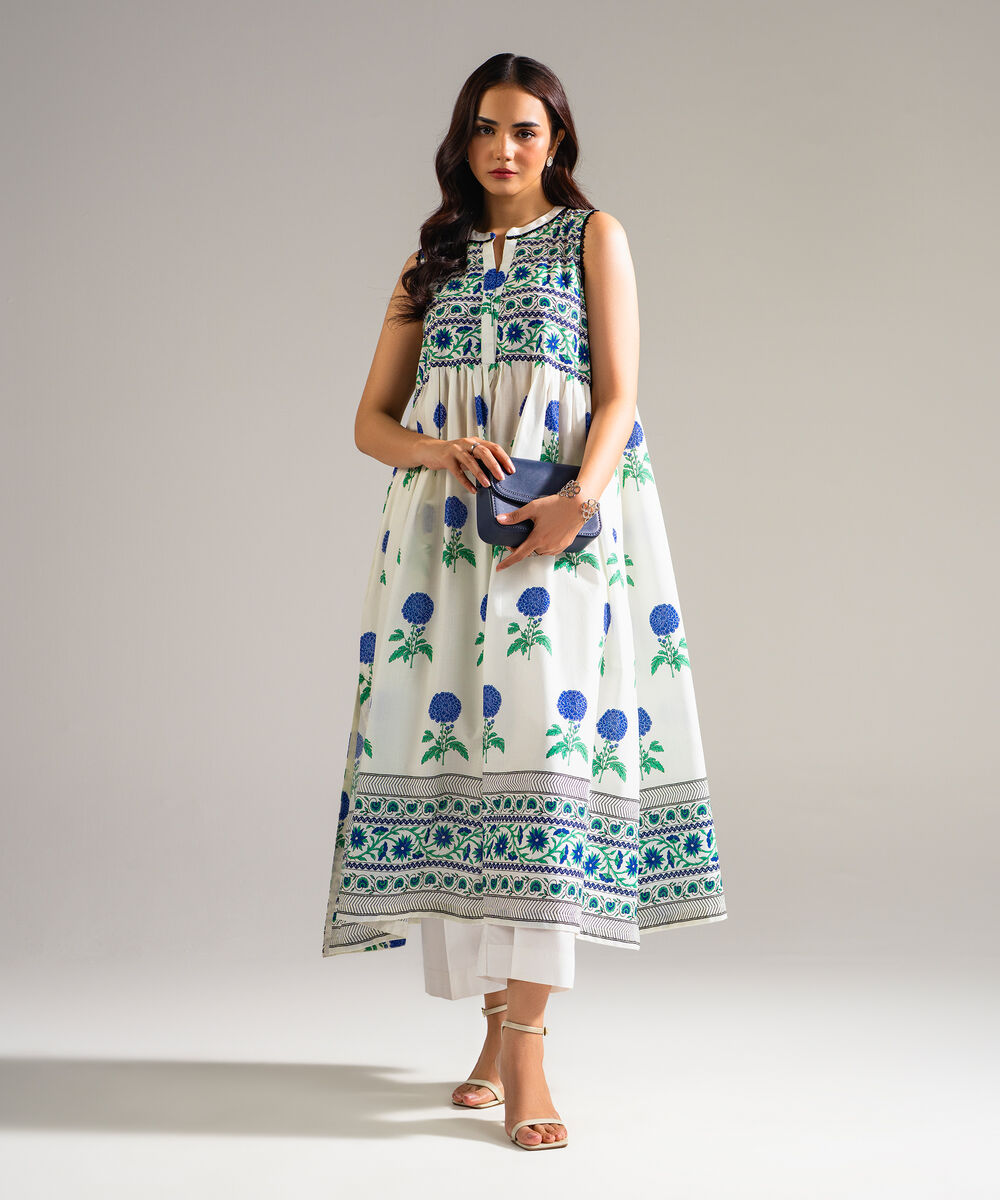 Women's RTW Slub Lawn Printed White Peshwas