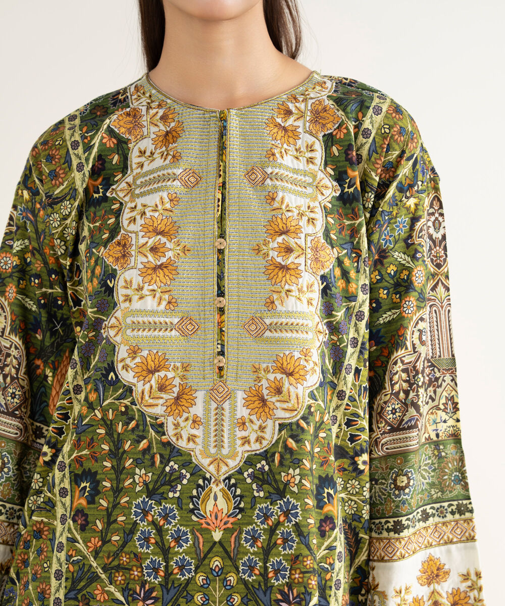 Women's RTW Linen Viscose Embroidered Green A-Line Shirt