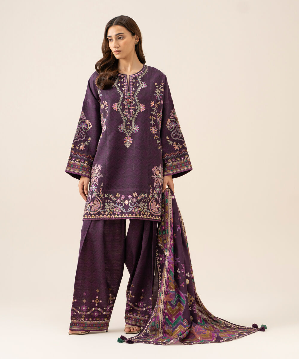 Women's Unstitched Light Khaddar Embroidered Plum 3 Piece Suit
