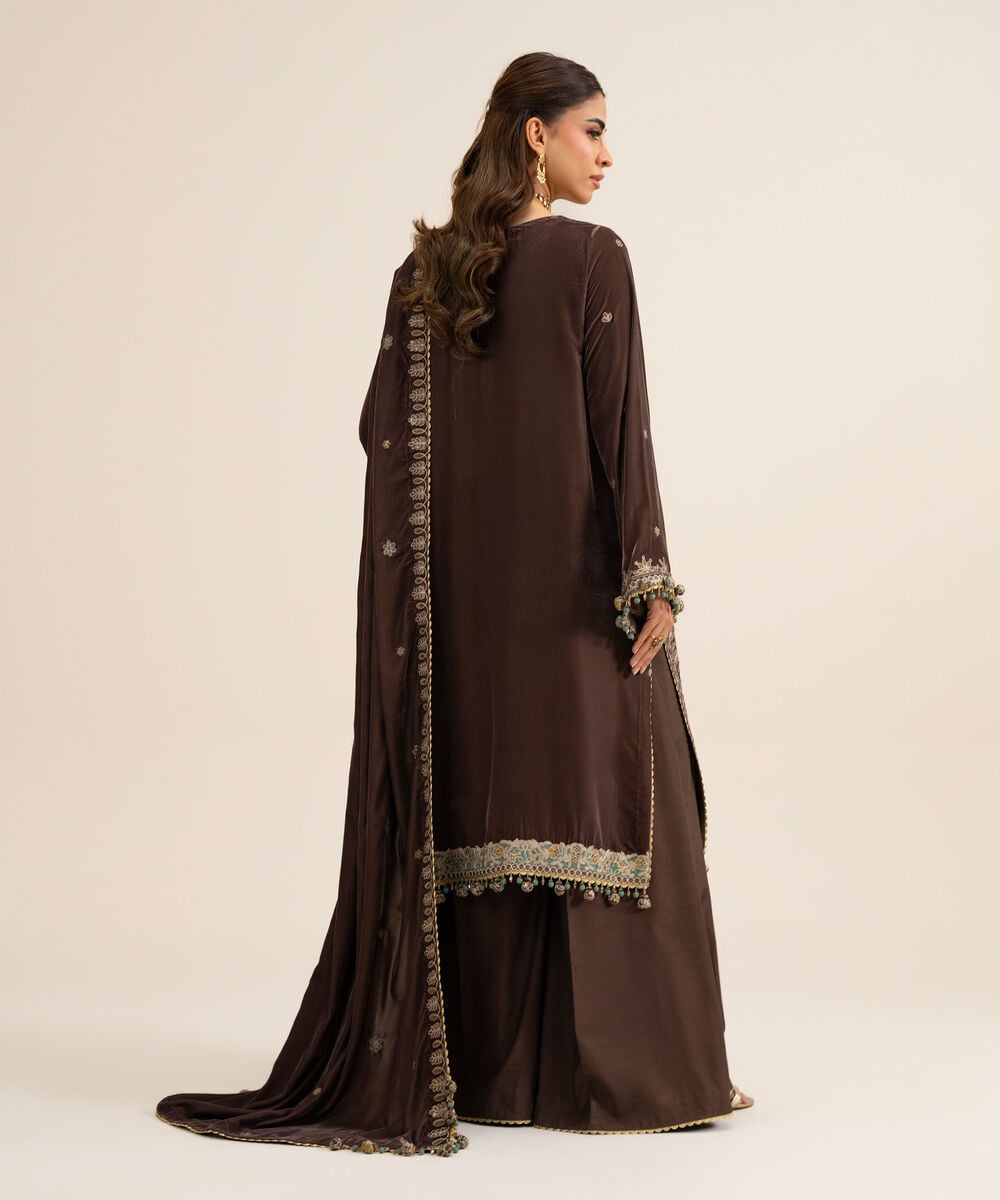 Women's Unstitched Velvet Embroidered Brown 3 Piece Suit