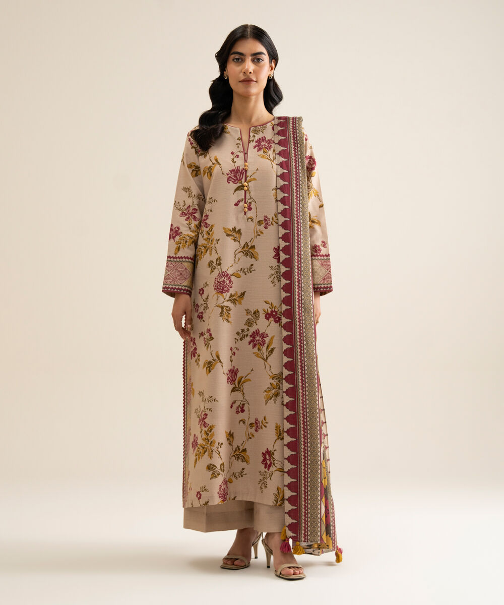 Women's Unstitched Lawn Printed Beige 3 Piece Suit