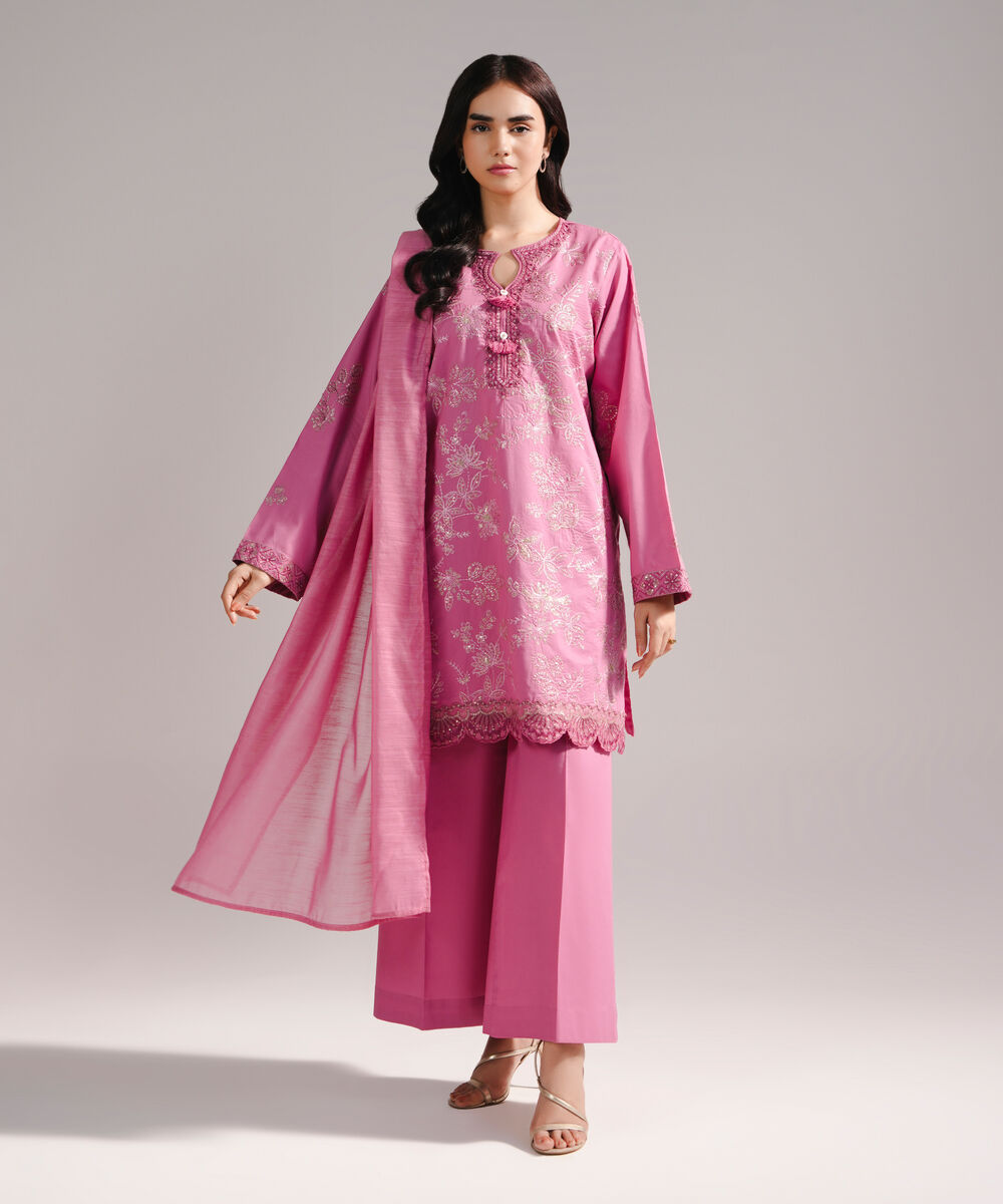 Women's RTW Lawn Embroidered Pink 3 Piece Suit