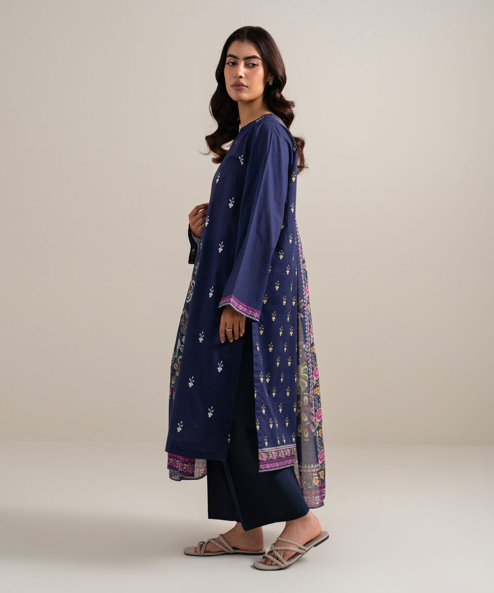 Women's Unstitched Lawn Embroidered Dark Blue  3 Piece Suit