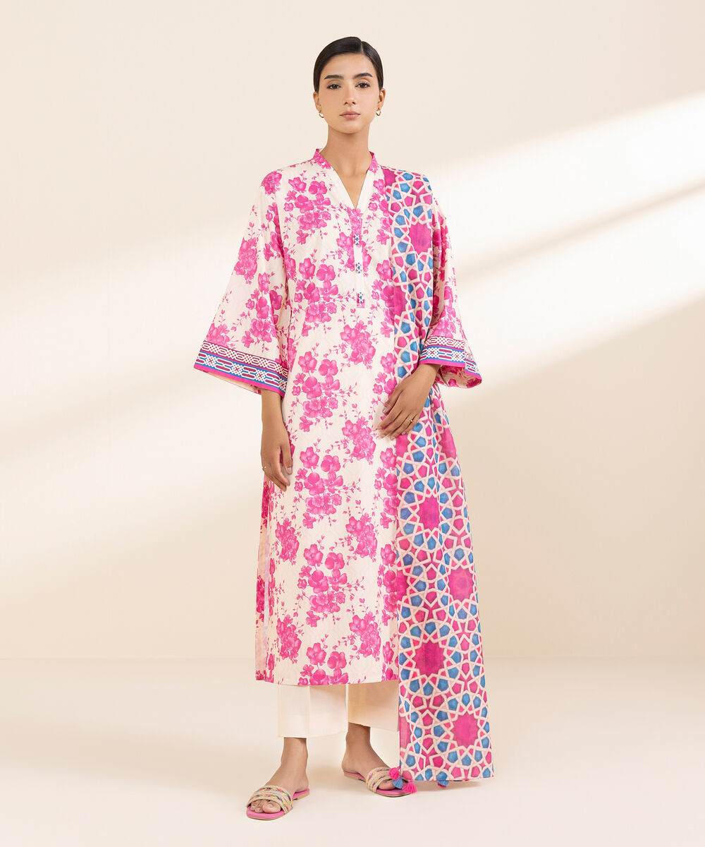 Women's Unstitched Lawn Printed Pink 3 Piece Suit