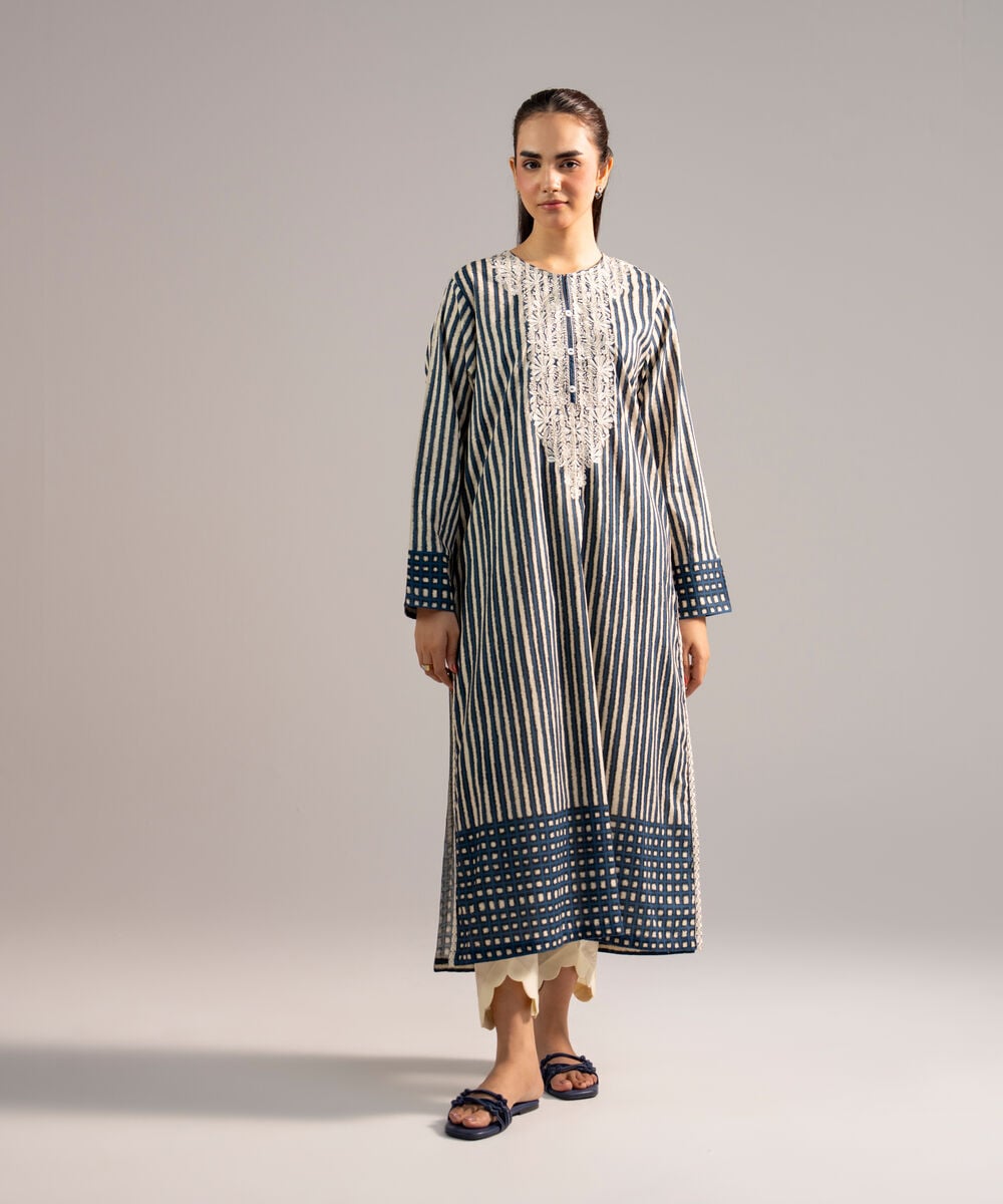 Women's RTW Cotton Viscose Embroidered Blue A-Line Shirt