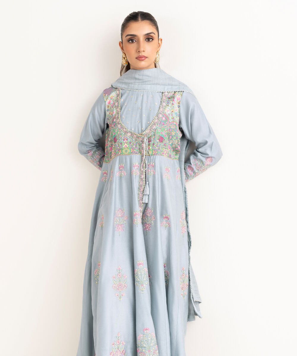 Women's RTW Silk Cotton Net Bue Embroidered 2 Piece Suit