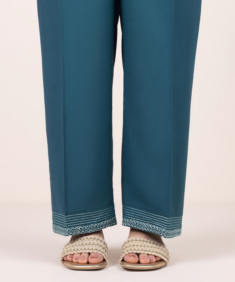 Women's RTW Cotton Viscose Embroidered Blue Straight Pants