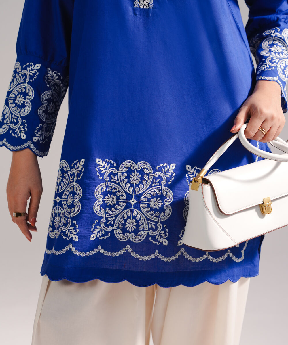 Women's RTW Slub Lawn Embroidered Dark Blue Straight Shirt