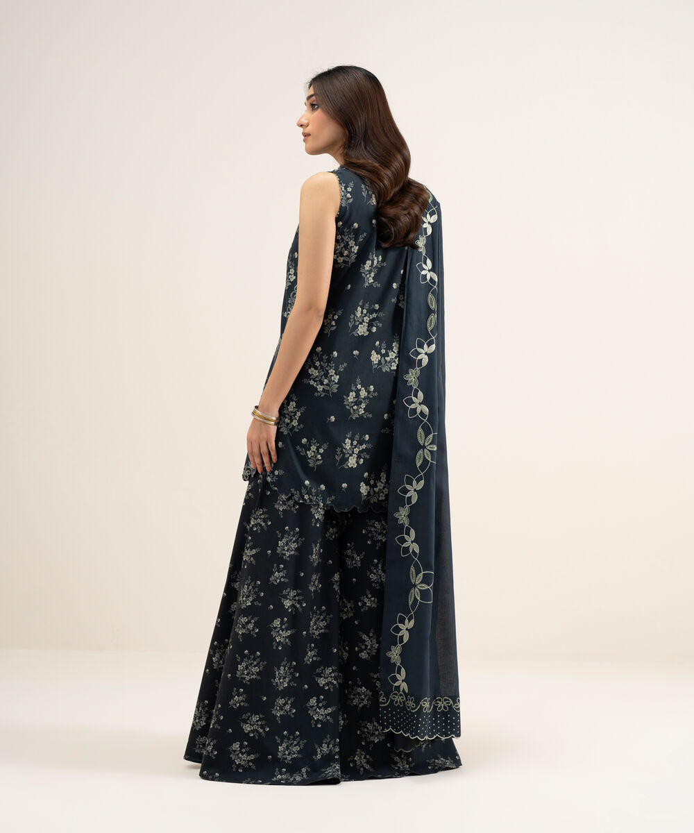 Women's Unstitched Lawn Embroidered Black and Off White 3 Piece Suit