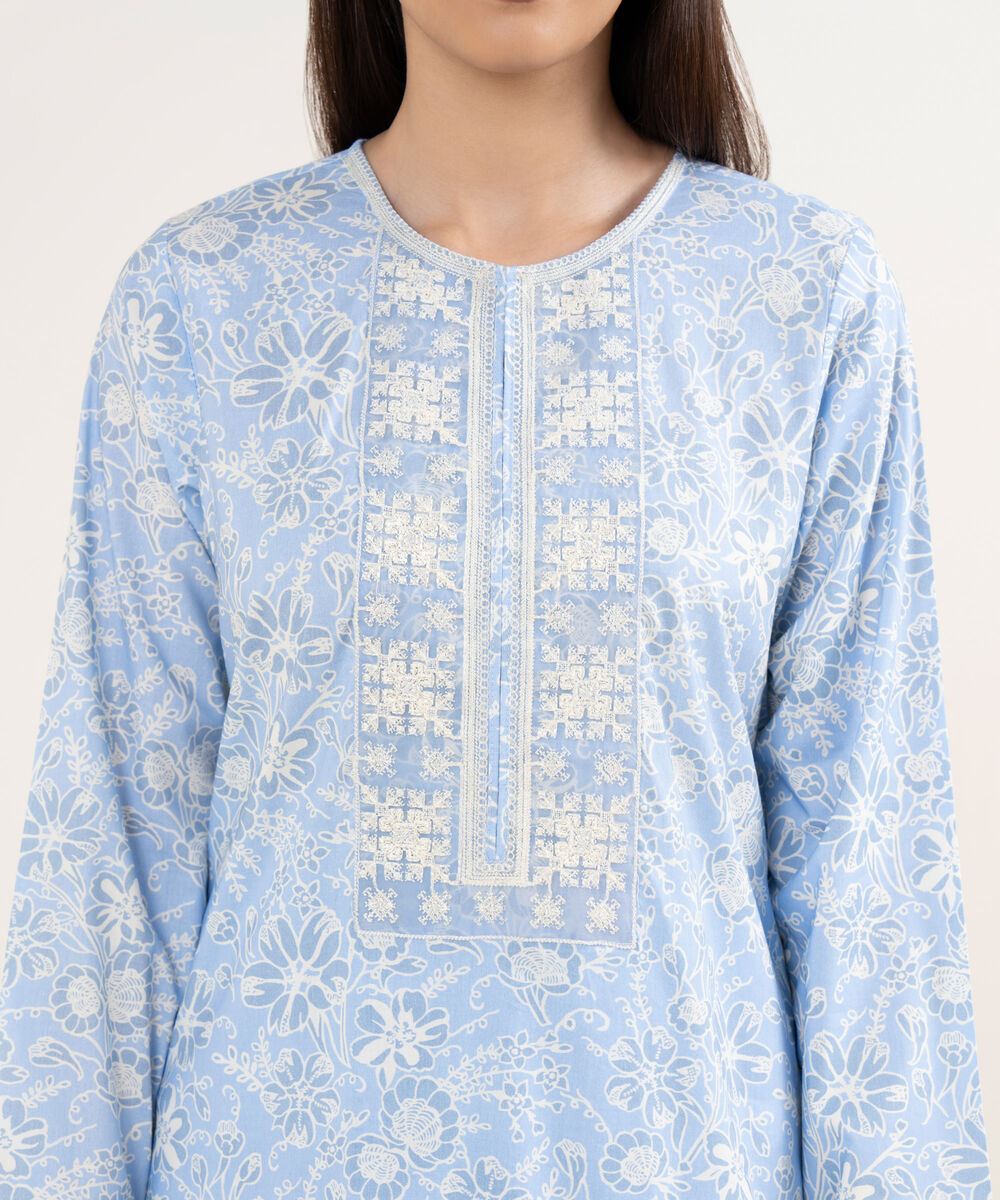 Women's RTW Lawn Blue Embroidered Straight Shirt