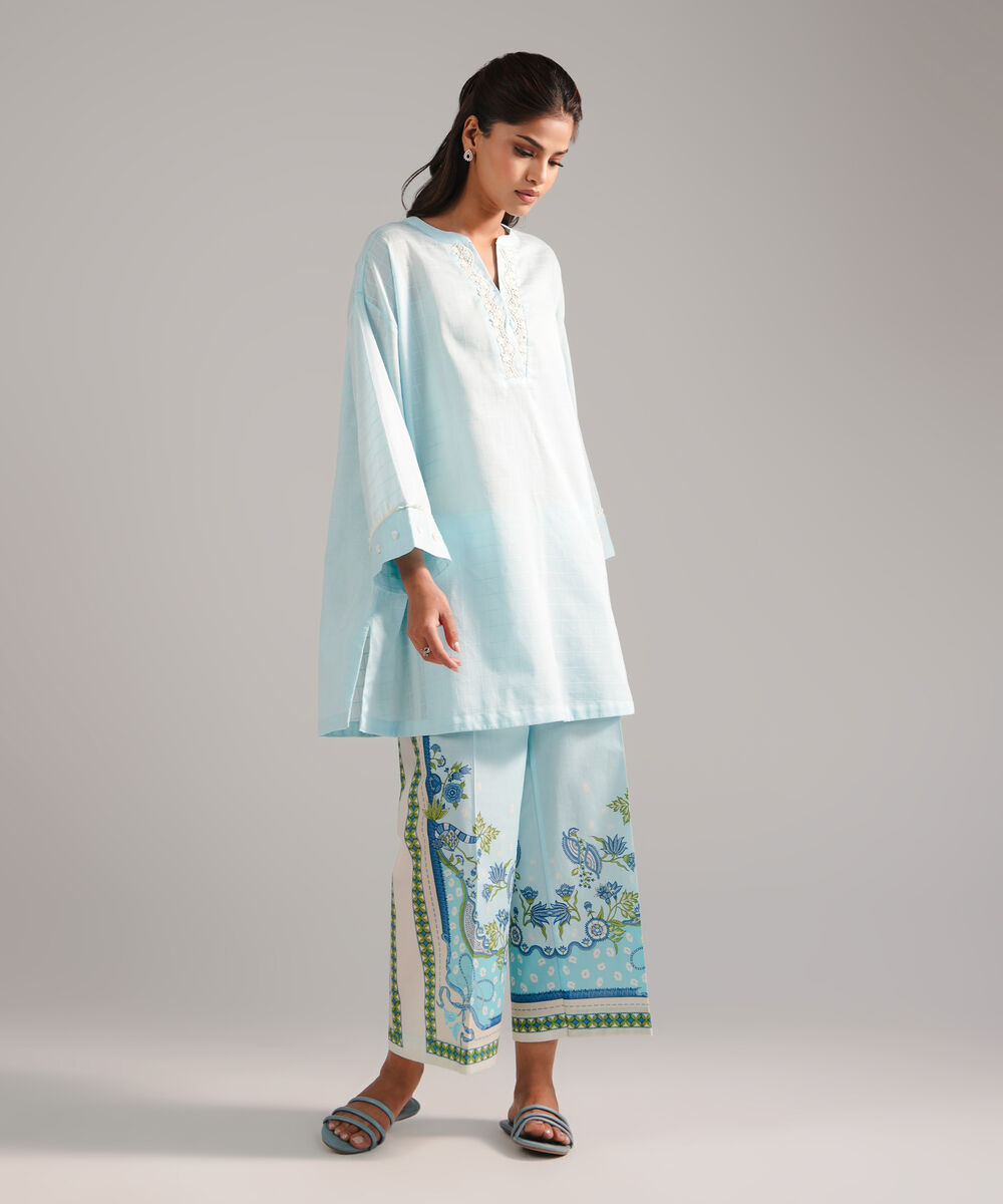 Women's RTW Dobby Embroidered Ice Blue 2 Piece Suit