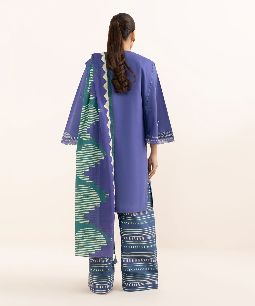 Women's Unstitched Textured Lawn Embroidered Blue 3 Piece Suit