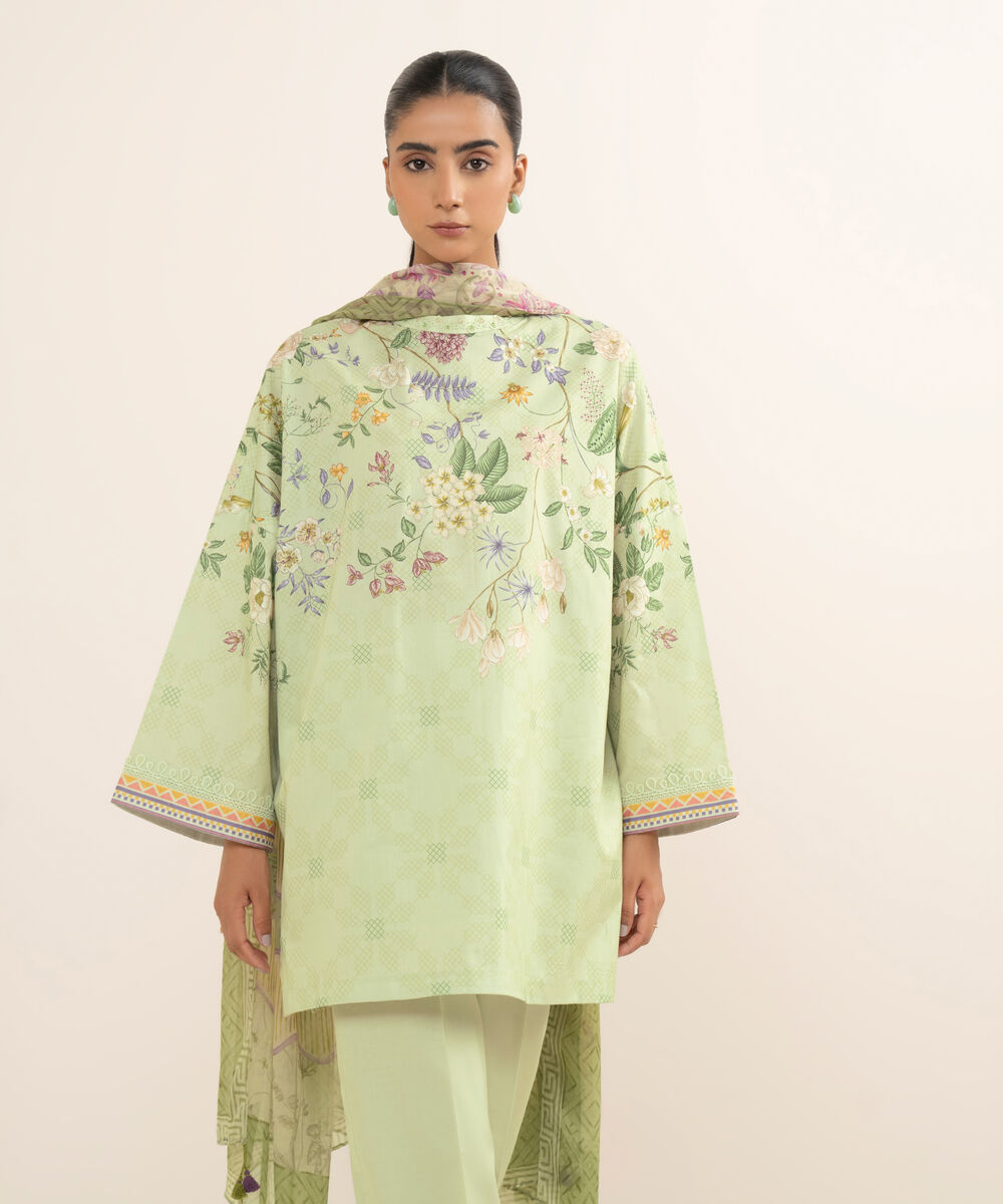 Women's Unstitched Lawn Printed Green 3 Piece Suit