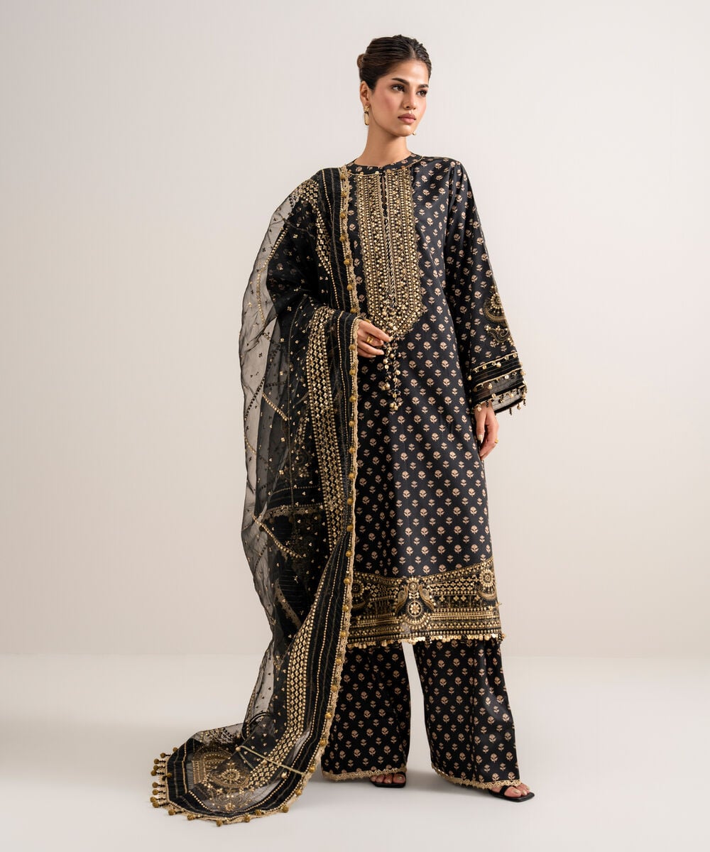 Women's Unstitched Printed Blended Grip Silk Black 3 Piece Suit