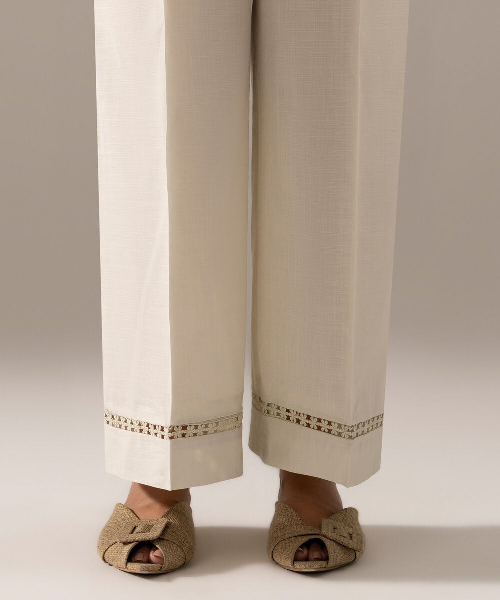Women's RTW Cross Hatch Solid Off White Flared Pants