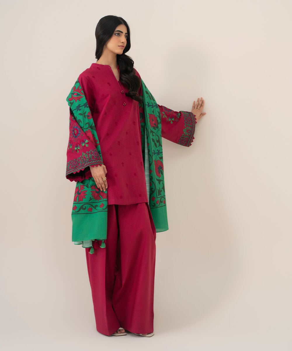 Women's Unstitched Lawn Embroidered Pink 3 Piece Suit