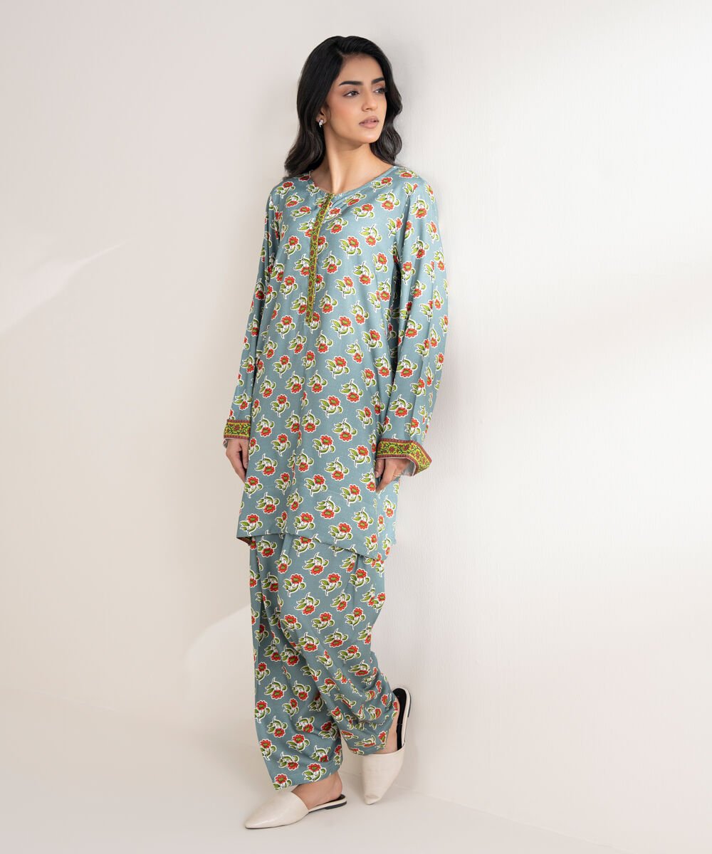 Women's RTW Arabic Dobby Printed Straight Grey Shirt