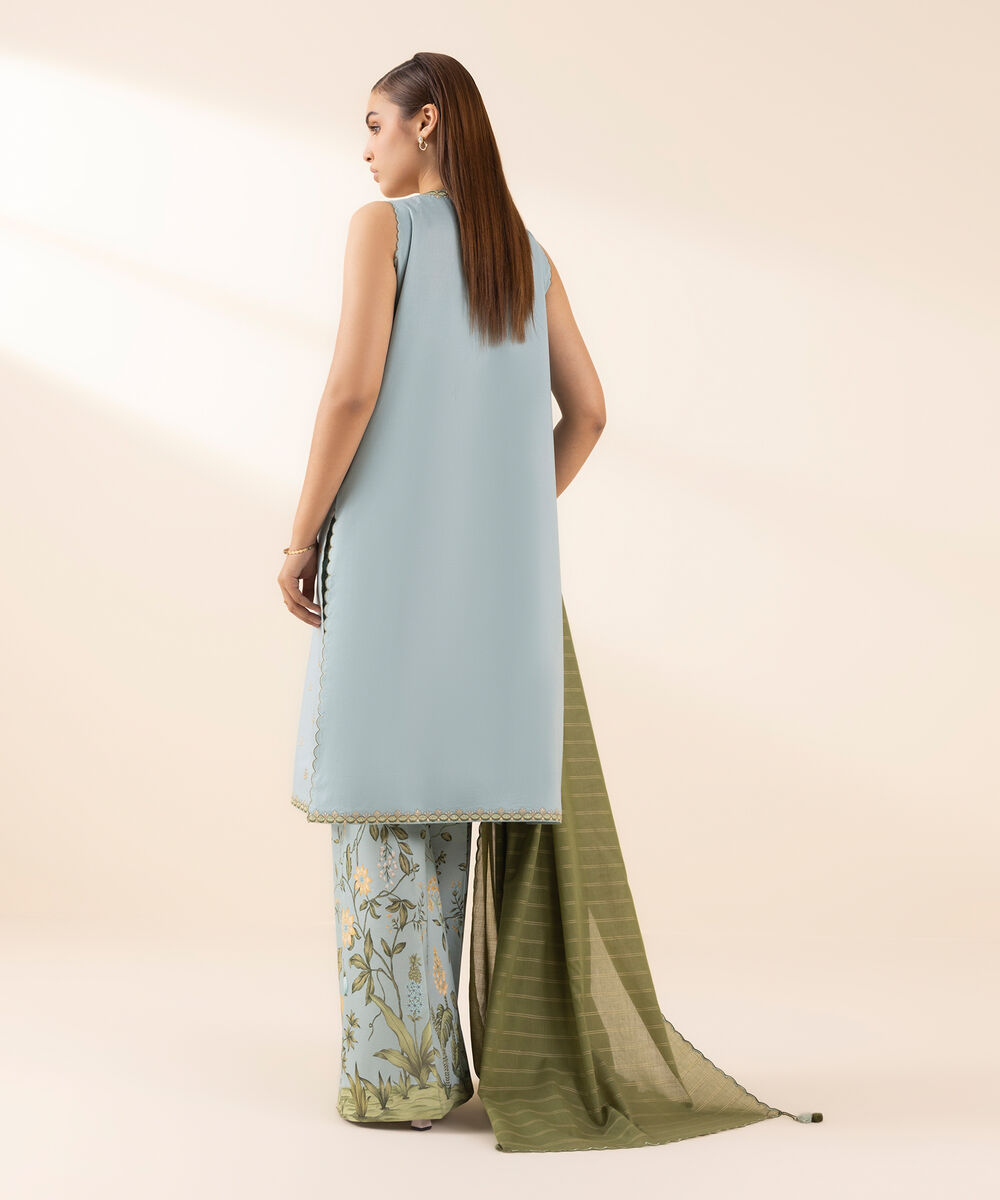 Women's Unstitched Lawn Embroidered Blue 3 Piece Suit