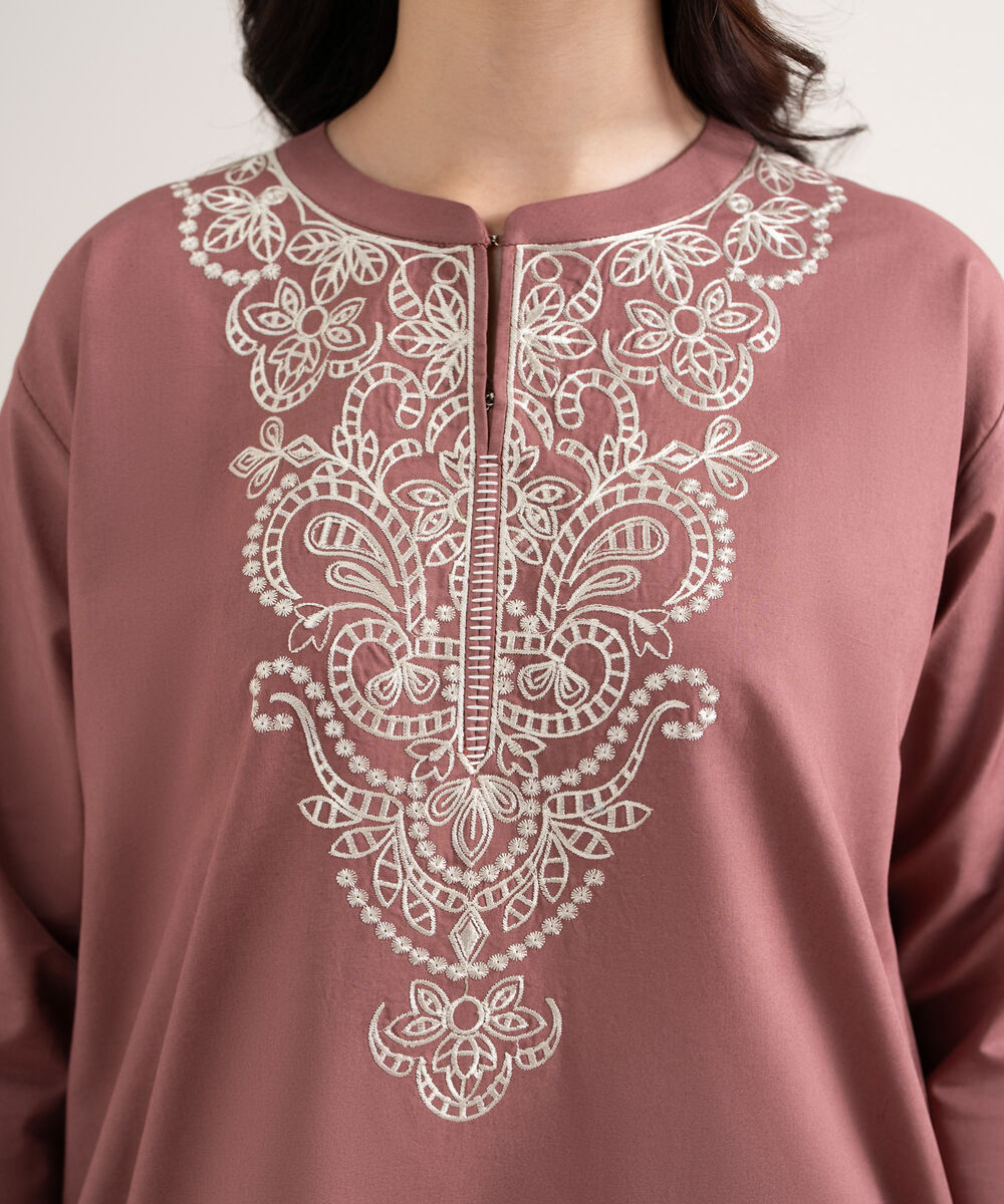 Women's Unstitched Cotton Embroidered Brown 2 Piece Suit