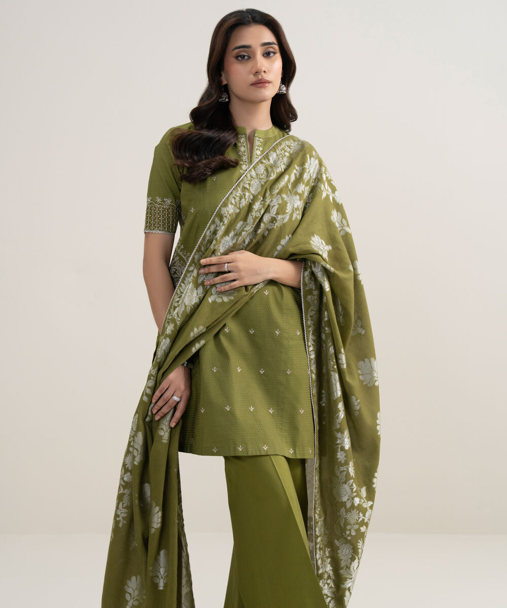 Women's Unstitched Dobby Embroidered Green 3 Piece Suit