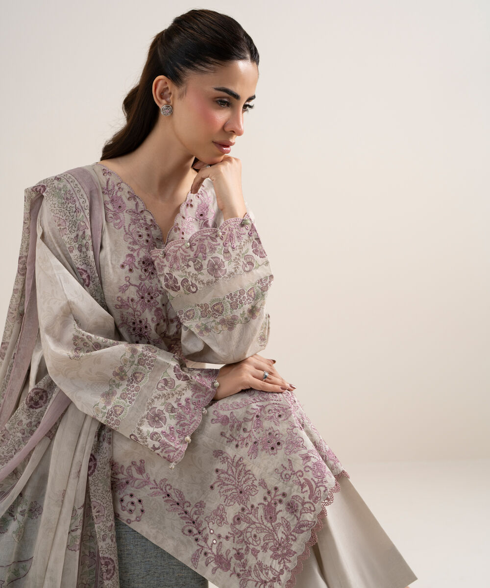 Women's Unstitched Lawn Embroidered Beige 3 Piece Suit