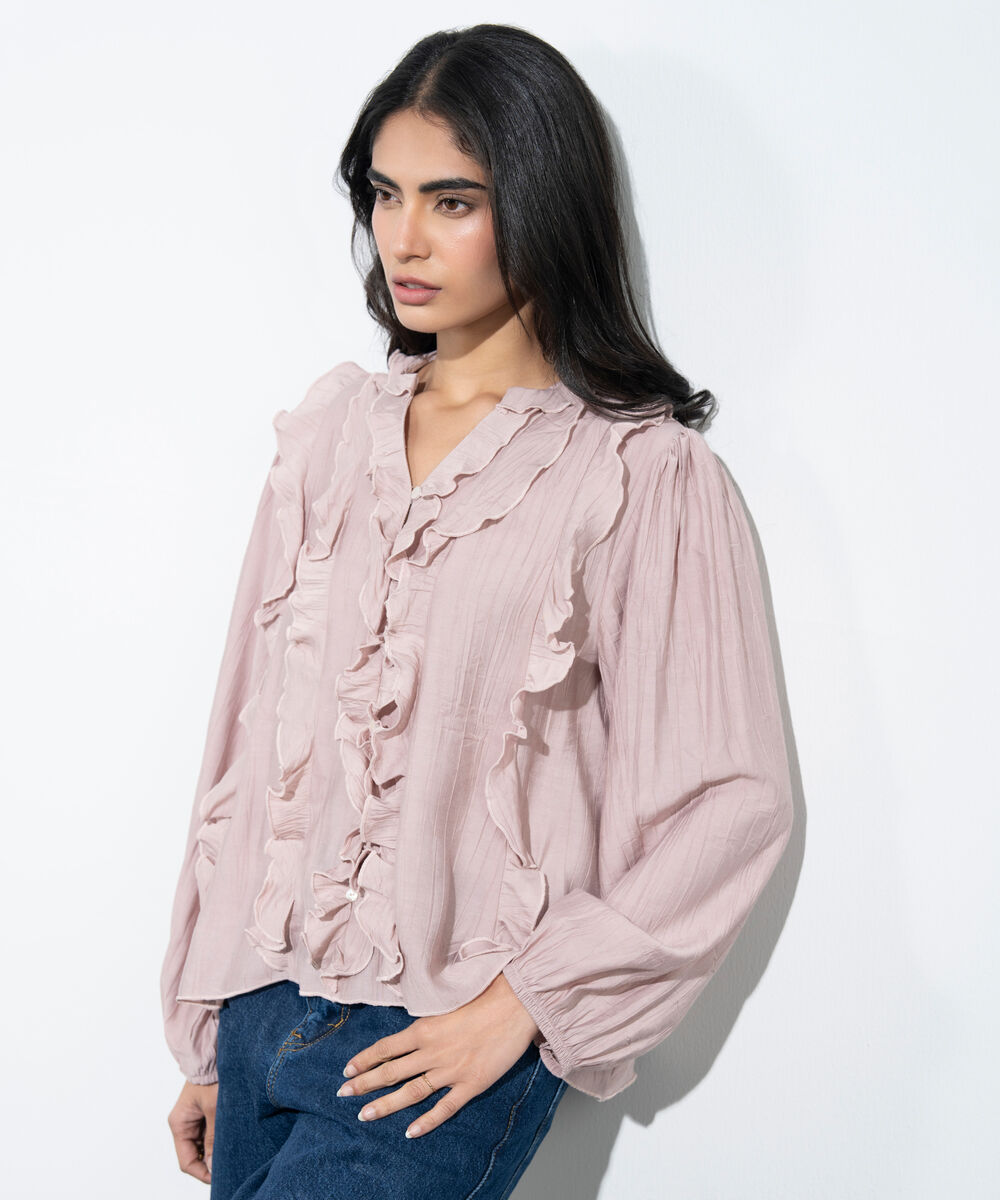 Women's Western Pink Textured Ruffled Top