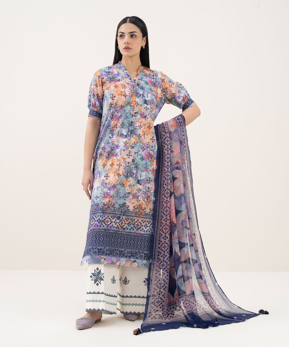 Women's Unstitched Cotton Printed Multi 2 Piece Suit