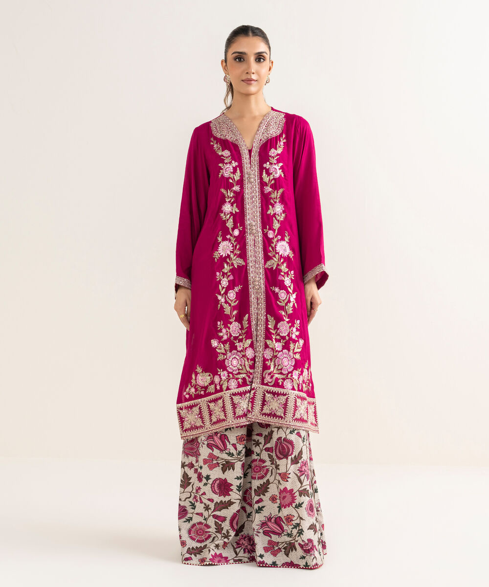 Women's RTW Viscose Raw Silk Pink Embroidered A-Line Shirt