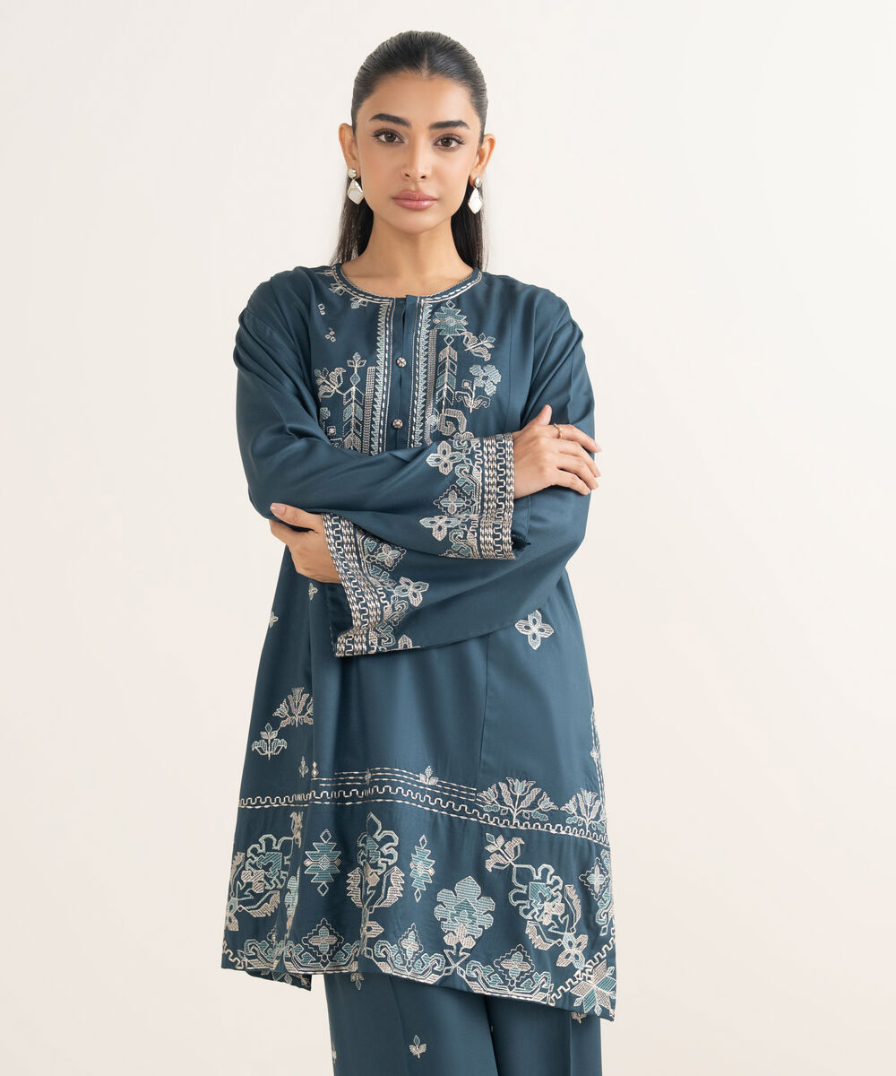 Women's RTW Viscose Marina Embroidered Teal Straight Shirt