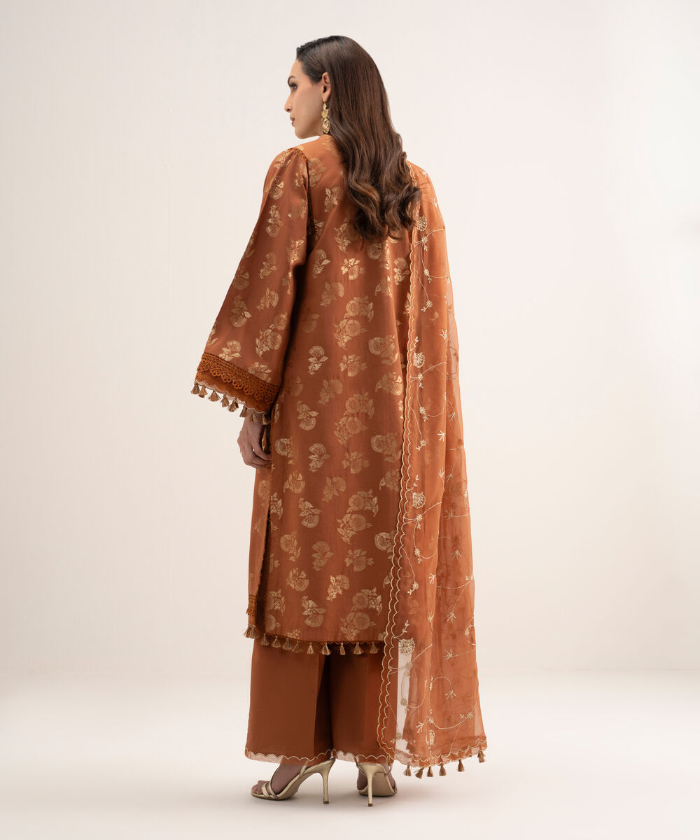 Women's Unstitched Extra Weft Jacquard Embroidered Orange 3 Piece Suit