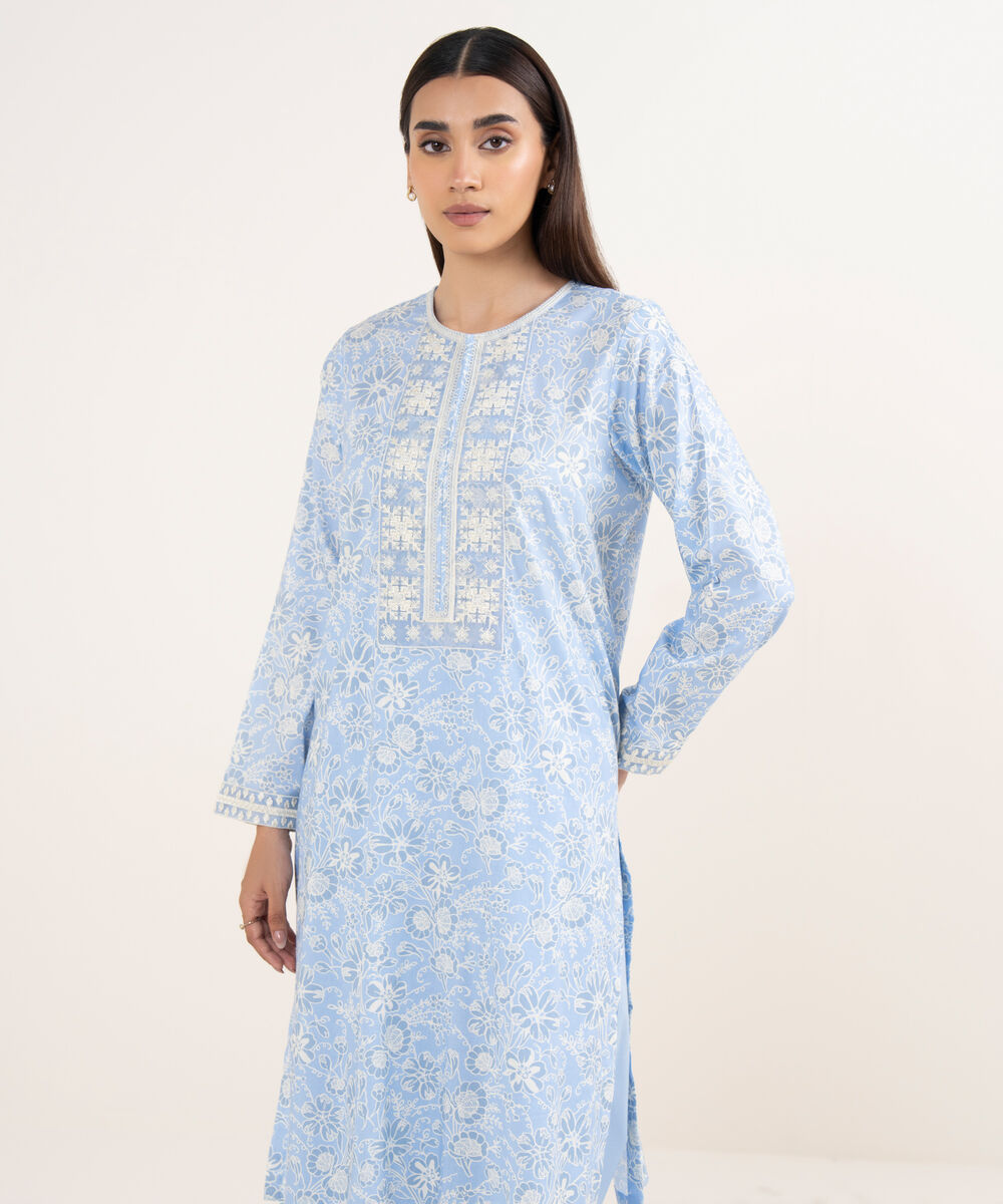 Women's RTW Lawn Blue Embroidered Straight Shirt