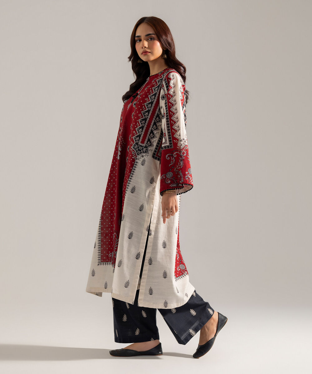 Women's RTW Printed Maroon Khaddar A-Line Shirt