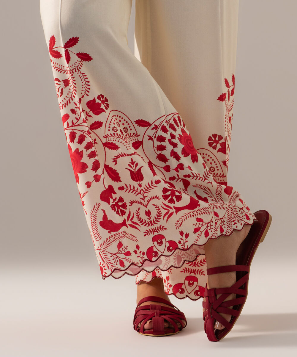 Women's RTW Arabic Cambric Printed Off White Flared Pants