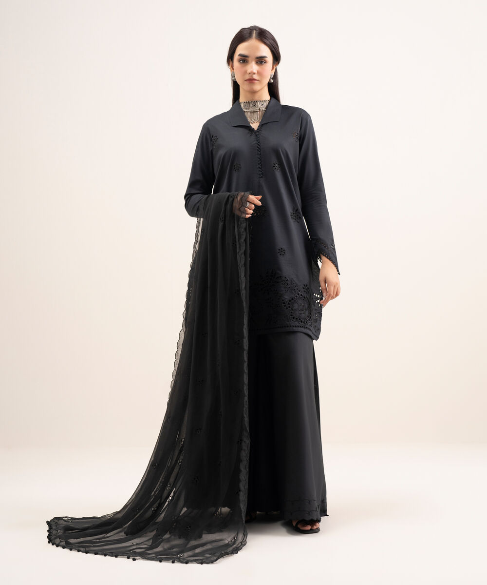 Women's Unstitched Textured Lawn Embroidered Black 3 Piece Suit