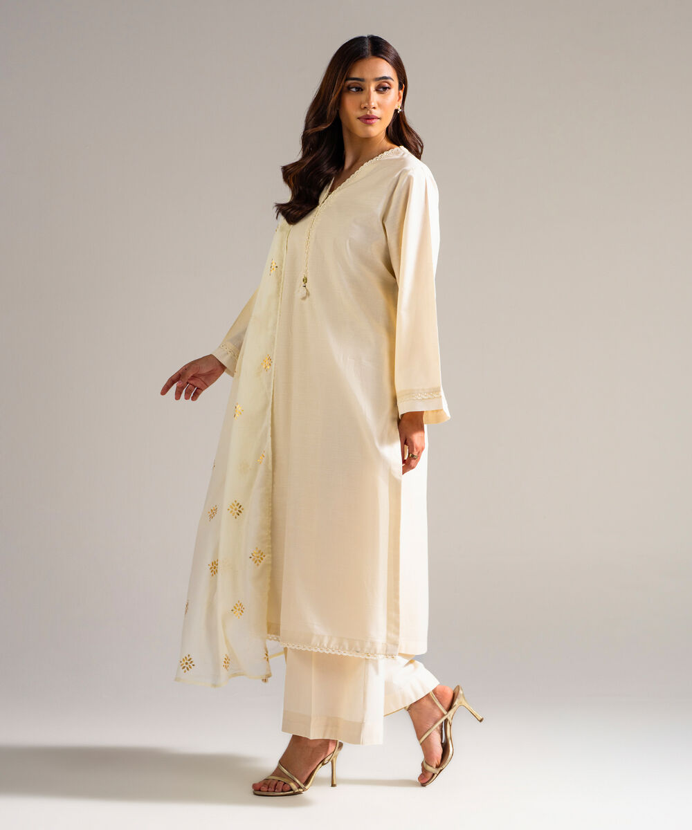 Women's RTW Slub Lawn Solid White 3 Piece Suit