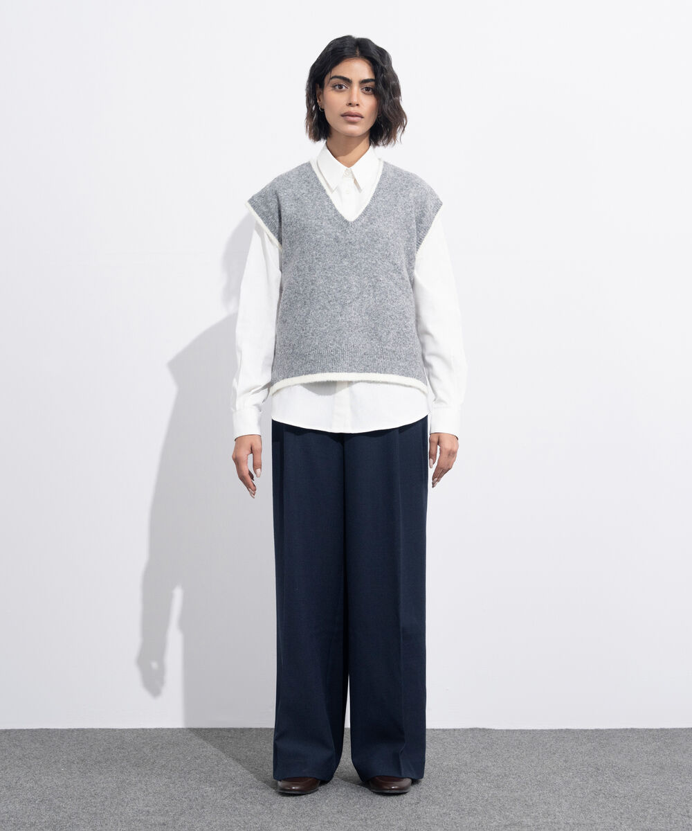 Women's Western Wear Grey V-Neck Knit Sweater