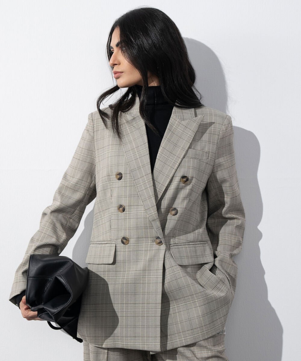 Women's Western Wear Grey Plaid Double Breasted Blazer